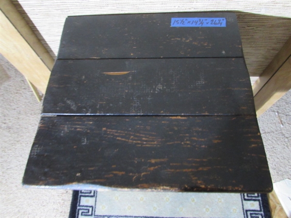 VINTAGE WOOD ACCENT TABLE, CANDLE HOLDER & THROW RUG