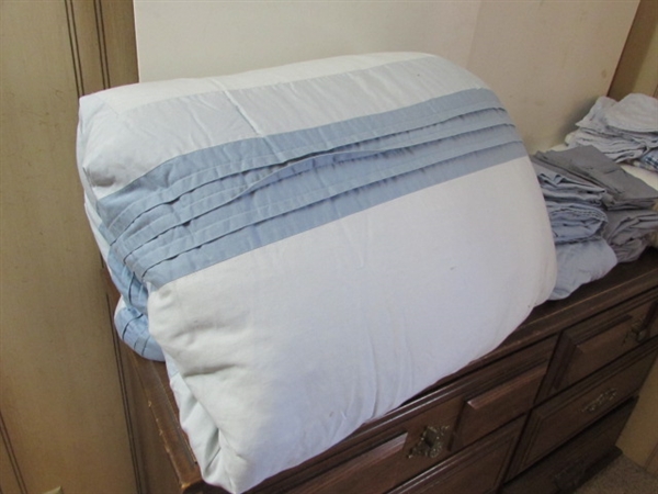 QUEEN COMFORTER, SHEETS, MATTRESS COVER, SHAMS