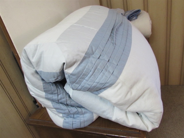QUEEN COMFORTER, SHEETS, MATTRESS COVER, SHAMS
