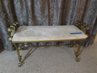 VINTAGE METAL FRAME BENCH W/UPHOLSTERED SEAT