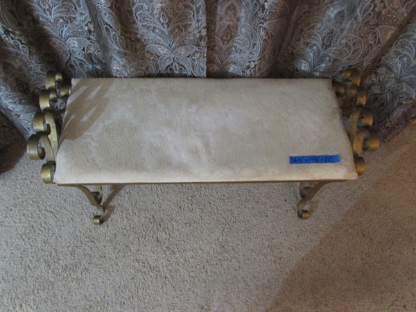 VINTAGE METAL FRAME BENCH W/UPHOLSTERED SEAT