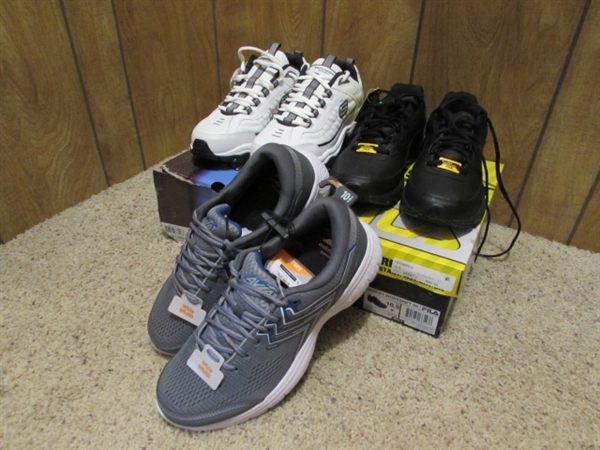 NEW - 3 PAIRS MEN'S SIZE 10.5 ATHLETIC/WORK SHOES - SKETCHERS, FILA & AVIA