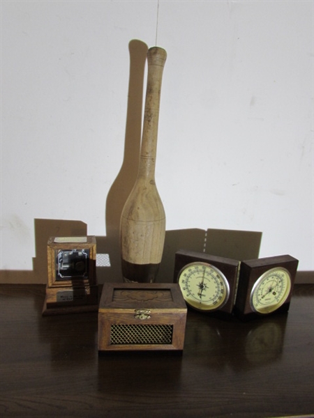 VINTAGE/ANTIQUE JUGGLING PIN, BAROMETER, MUSIC BOX & MORE