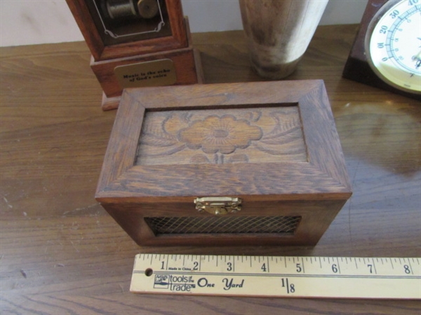 VINTAGE/ANTIQUE JUGGLING PIN, BAROMETER, MUSIC BOX & MORE