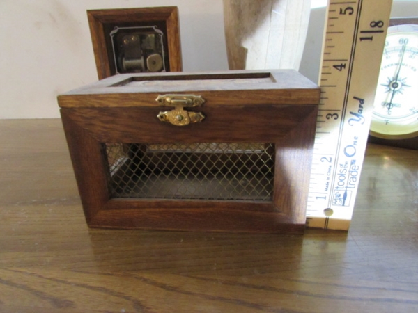 VINTAGE/ANTIQUE JUGGLING PIN, BAROMETER, MUSIC BOX & MORE