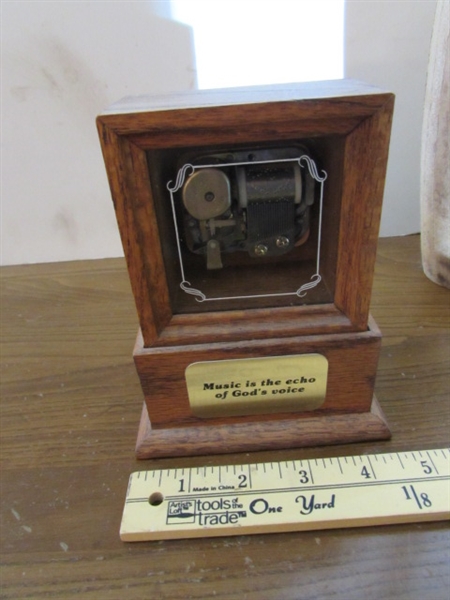 VINTAGE/ANTIQUE JUGGLING PIN, BAROMETER, MUSIC BOX & MORE