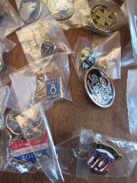 LARGE COLLECTION OF MC/HARLEY-DAVIDSON THEMED PINS-MOST ARE NEW