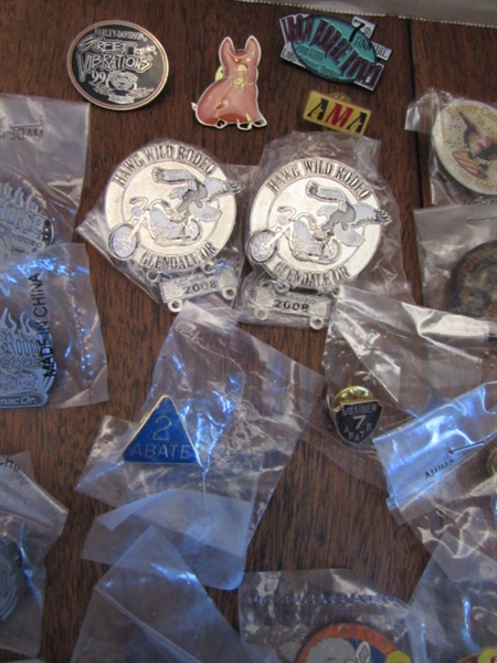 LARGE COLLECTION OF MC/HARLEY-DAVIDSON THEMED PINS-MOST ARE NEW