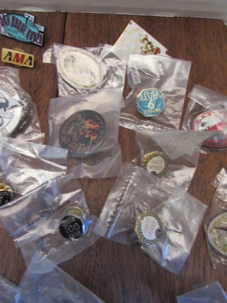 LARGE COLLECTION OF MC/HARLEY-DAVIDSON THEMED PINS-MOST ARE NEW