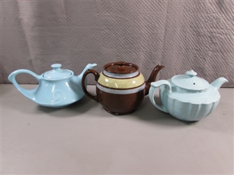 VINTAGE CERAMIC TEAPOTS IN BABY BLUE & BROWN/BLUE STRIPE