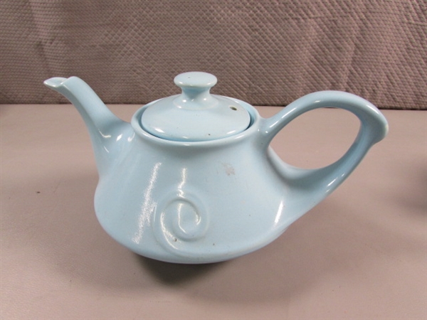 VINTAGE CERAMIC TEAPOTS IN BABY BLUE & BROWN/BLUE STRIPE