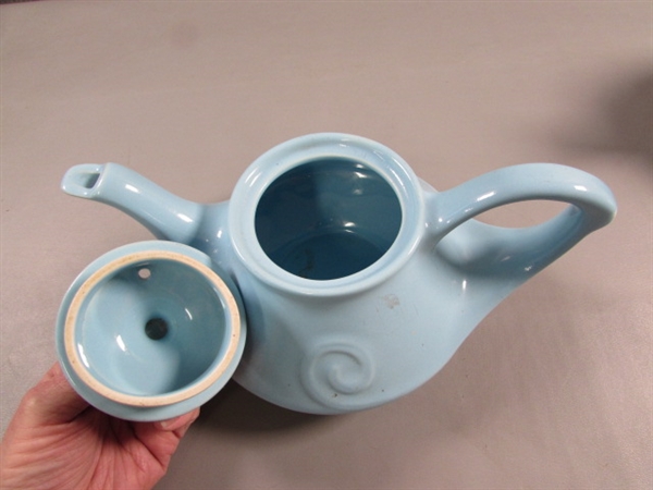 VINTAGE CERAMIC TEAPOTS IN BABY BLUE & BROWN/BLUE STRIPE