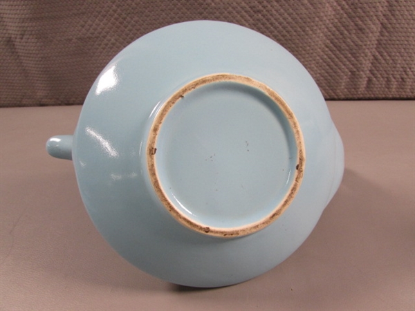 VINTAGE CERAMIC TEAPOTS IN BABY BLUE & BROWN/BLUE STRIPE
