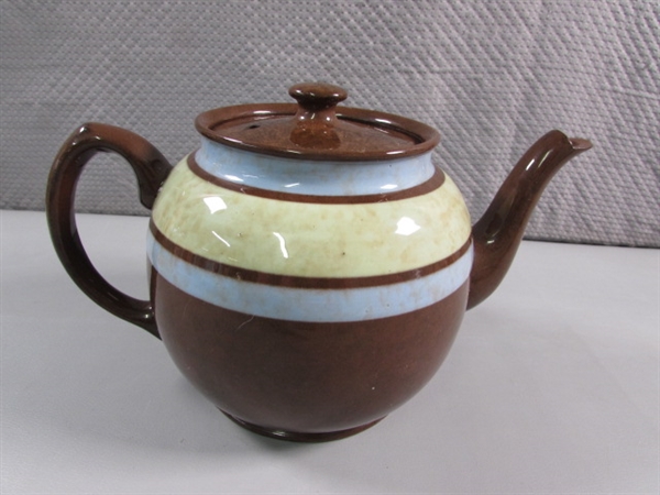 VINTAGE CERAMIC TEAPOTS IN BABY BLUE & BROWN/BLUE STRIPE
