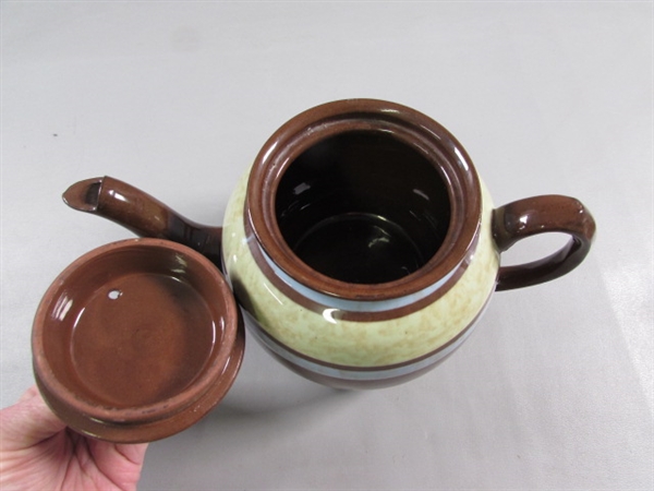 VINTAGE CERAMIC TEAPOTS IN BABY BLUE & BROWN/BLUE STRIPE