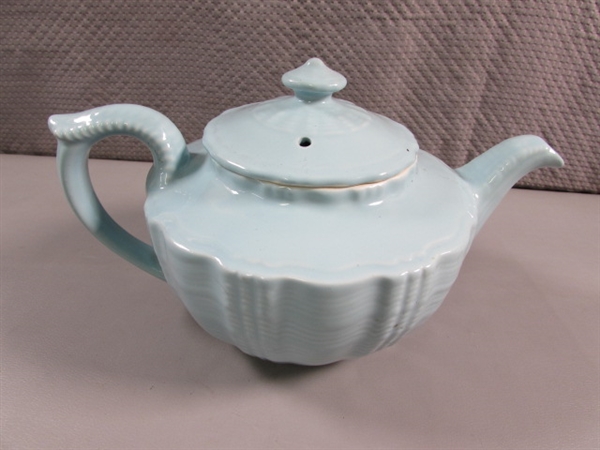 VINTAGE CERAMIC TEAPOTS IN BABY BLUE & BROWN/BLUE STRIPE