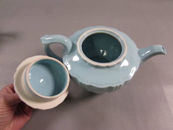 VINTAGE CERAMIC TEAPOTS IN BABY BLUE & BROWN/BLUE STRIPE