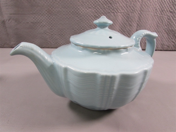 VINTAGE CERAMIC TEAPOTS IN BABY BLUE & BROWN/BLUE STRIPE