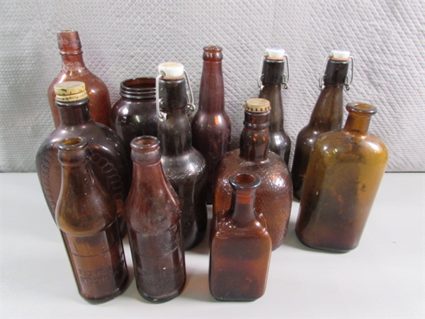 VINTAGE/ANTIQUE TO NEWER BROWN GLASS BOTTLES