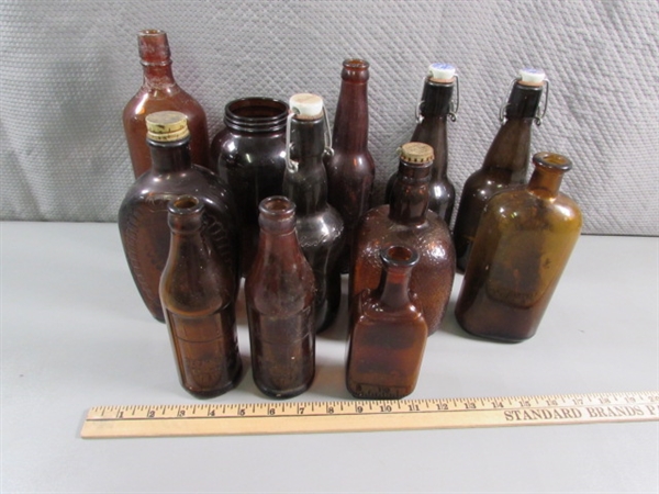 VINTAGE/ANTIQUE TO NEWER BROWN GLASS BOTTLES