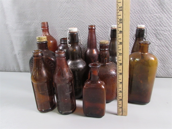 VINTAGE/ANTIQUE TO NEWER BROWN GLASS BOTTLES