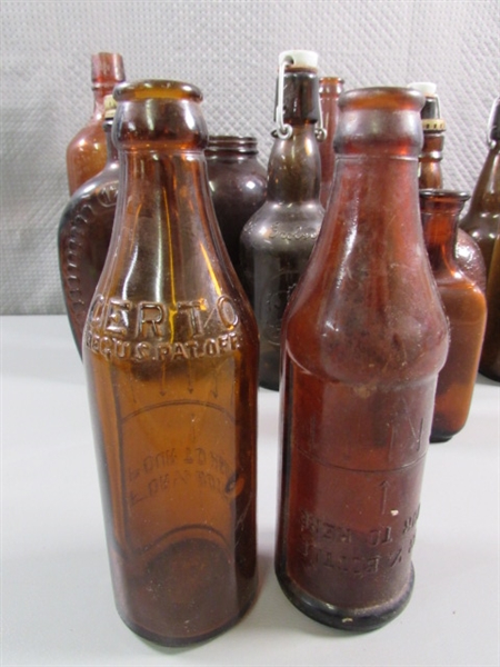 VINTAGE/ANTIQUE TO NEWER BROWN GLASS BOTTLES