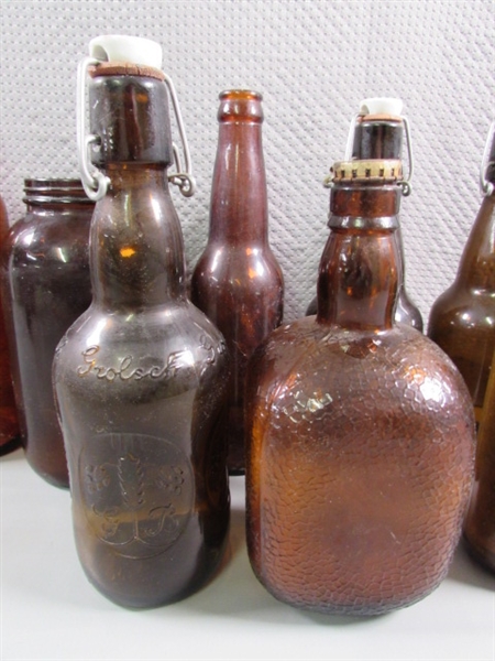 VINTAGE/ANTIQUE TO NEWER BROWN GLASS BOTTLES