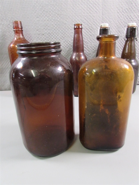 VINTAGE/ANTIQUE TO NEWER BROWN GLASS BOTTLES