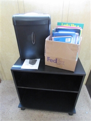 ROLLING CABINET/PRINTER STAND, PAPER SHREDDER & NOTEBOOKS/PAPER & MORE