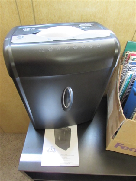 ROLLING CABINET/PRINTER STAND, PAPER SHREDDER & NOTEBOOKS/PAPER & MORE