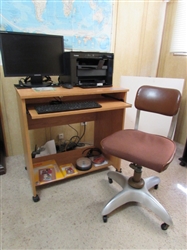 SMALL DESK & CHAIR W/COMPUTER MONITOR, KEYBOARD & MOUSE, PRINTER & MORE