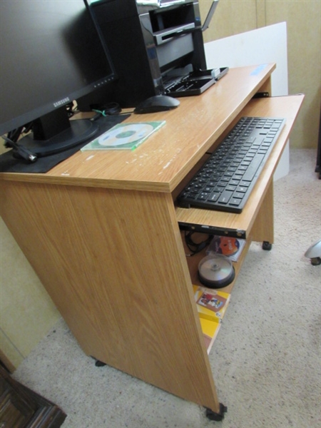 SMALL DESK & CHAIR W/COMPUTER MONITOR, KEYBOARD & MOUSE, PRINTER & MORE