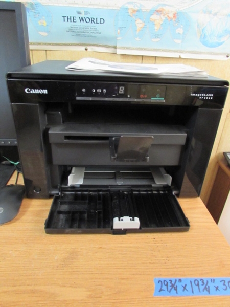 SMALL DESK & CHAIR W/COMPUTER MONITOR, KEYBOARD & MOUSE, PRINTER & MORE