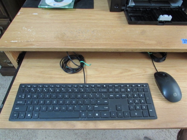 SMALL DESK & CHAIR W/COMPUTER MONITOR, KEYBOARD & MOUSE, PRINTER & MORE