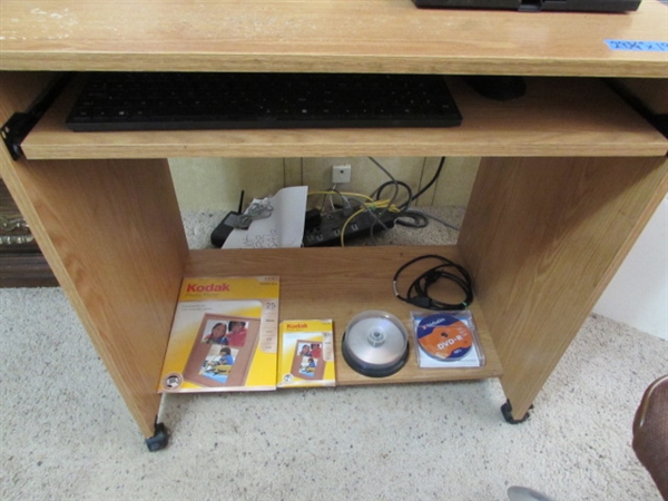 SMALL DESK & CHAIR W/COMPUTER MONITOR, KEYBOARD & MOUSE, PRINTER & MORE