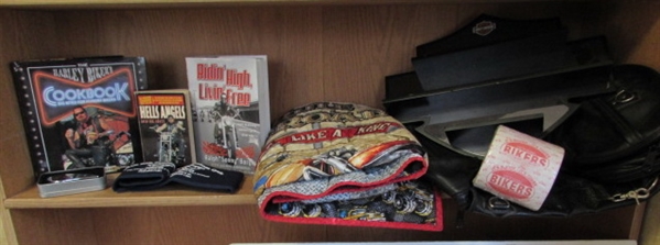 HARLEY DAVIDSON QUILT, DISPLAY, BOOKS, DUFFLE BAG & MORE