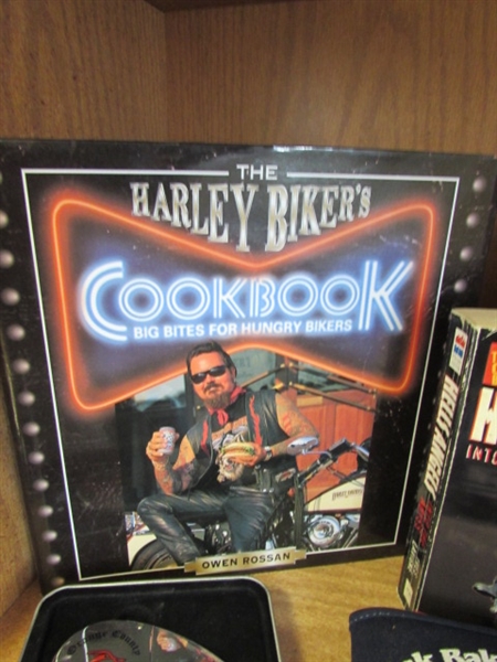 HARLEY DAVIDSON QUILT, DISPLAY, BOOKS, DUFFLE BAG & MORE