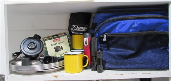 SOFT SIDED COOLER (MISSING STRAP) ALUMINUM CAMPING PLATES, ENAMELWARE MUGS & MORE