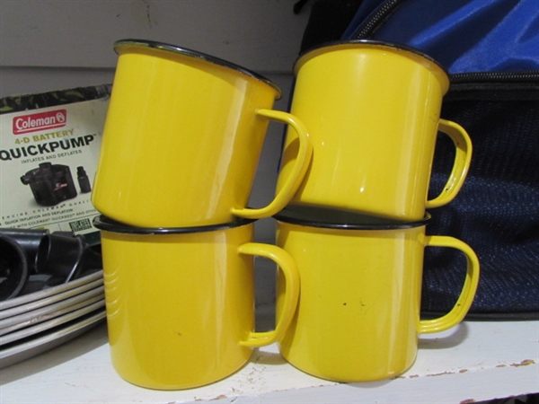 SOFT SIDED COOLER (MISSING STRAP) ALUMINUM CAMPING PLATES, ENAMELWARE MUGS & MORE