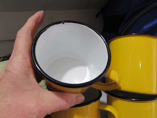 SOFT SIDED COOLER (MISSING STRAP) ALUMINUM CAMPING PLATES, ENAMELWARE MUGS & MORE
