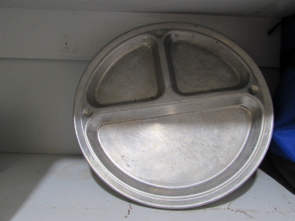 SOFT SIDED COOLER (MISSING STRAP) ALUMINUM CAMPING PLATES, ENAMELWARE MUGS & MORE