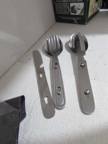 SOFT SIDED COOLER (MISSING STRAP) ALUMINUM CAMPING PLATES, ENAMELWARE MUGS & MORE