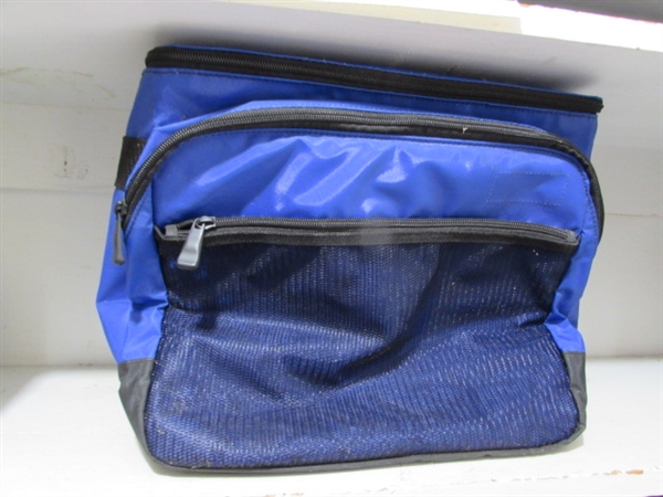SOFT SIDED COOLER (MISSING STRAP) ALUMINUM CAMPING PLATES, ENAMELWARE MUGS & MORE