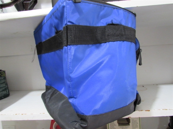 SOFT SIDED COOLER (MISSING STRAP) ALUMINUM CAMPING PLATES, ENAMELWARE MUGS & MORE