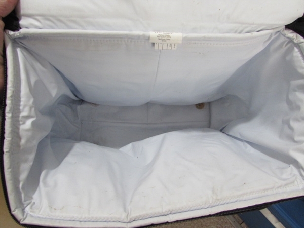 SOFT SIDED COOLER (MISSING STRAP) ALUMINUM CAMPING PLATES, ENAMELWARE MUGS & MORE