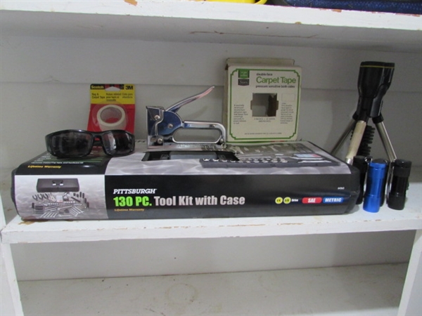 NEW/SEALED 130 PIECE TOOL KIT, FLASHLIGHTS, STAPLE GUN & MORE