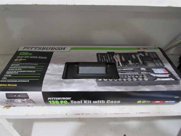 NEW/SEALED 130 PIECE TOOL KIT, FLASHLIGHTS, STAPLE GUN & MORE