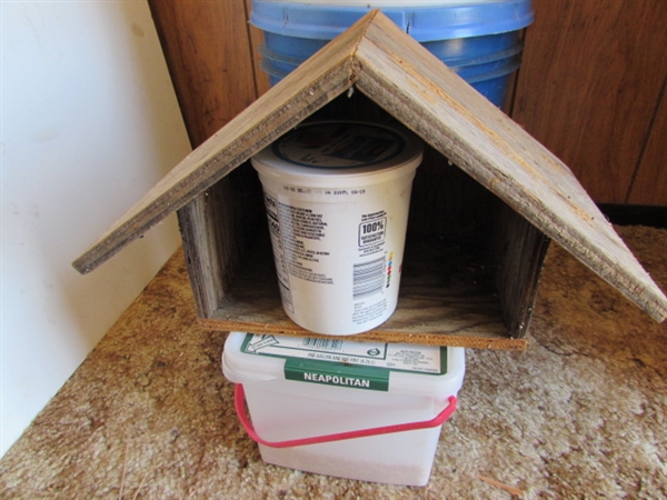 BIRD HOUSE, FEEDERS AND BIRD SEED