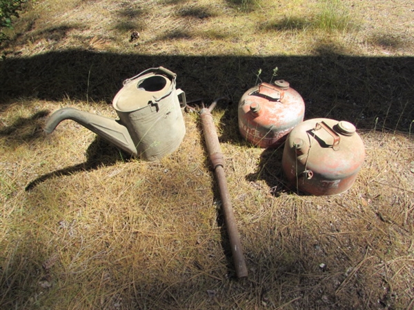 PAIR OF VINTAGE GAS CANS, WATERING CAN & BARREL PUMP