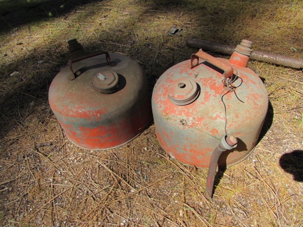 PAIR OF VINTAGE GAS CANS, WATERING CAN & BARREL PUMP